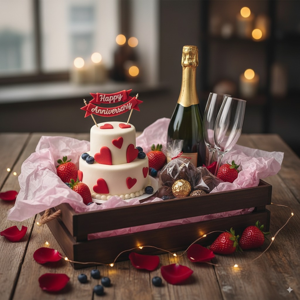 Desayuno romántico para aniversario con vino espumante