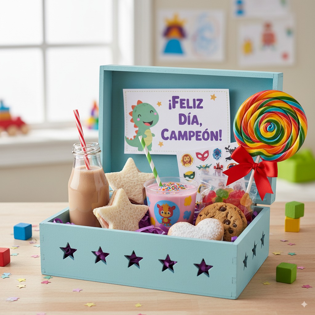 Desayuno infantil con chocolatada y dulces